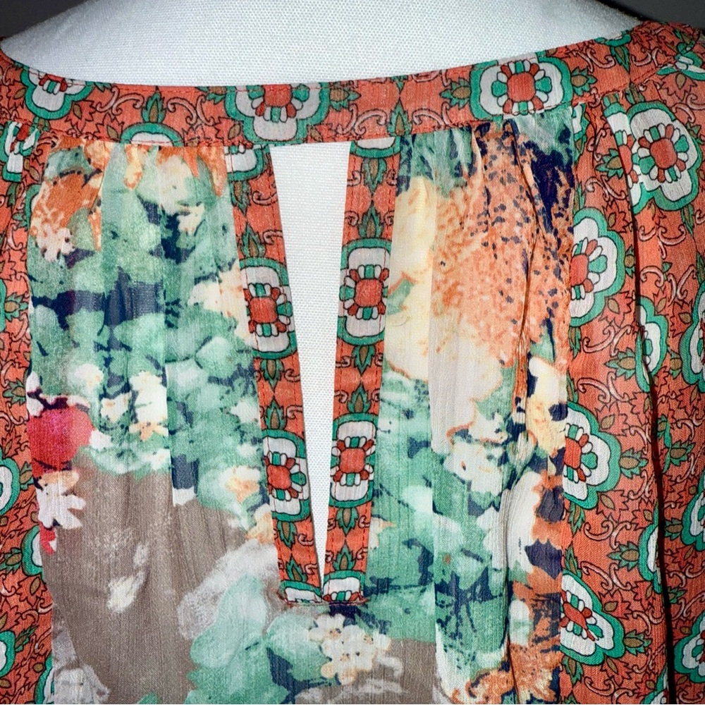 Fig & Flower Women’s‎ Sheer Floral Orange Pink Green BOHO Chic Casual Blouse Top - Picture 7 of 13